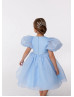 Puff Sleeves Organza Flower Girl Dress With Beaded Sash